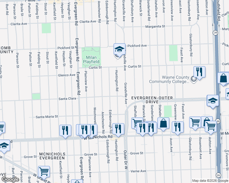 map of restaurants, bars, coffee shops, grocery stores, and more near 17527 Huntington Road in Detroit