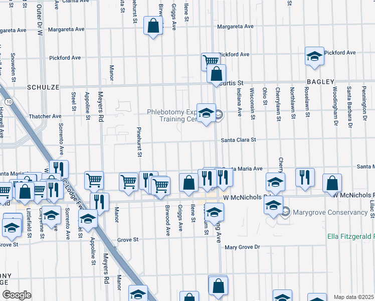map of restaurants, bars, coffee shops, grocery stores, and more near 17387 Ilene Street in Detroit