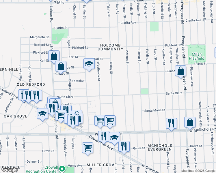 map of restaurants, bars, coffee shops, grocery stores, and more near 17569 Trinity Street in Detroit