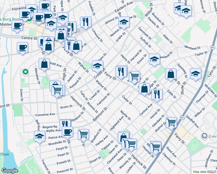 map of restaurants, bars, coffee shops, grocery stores, and more near 11 Winthrop Street in Malden