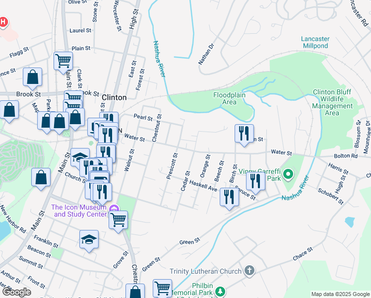 map of restaurants, bars, coffee shops, grocery stores, and more near 244 Water Street in Clinton