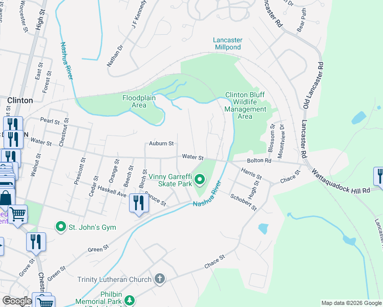 map of restaurants, bars, coffee shops, grocery stores, and more near 500 Water Street in Clinton