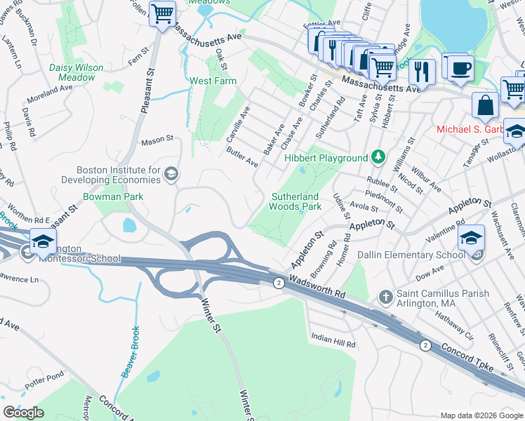 map of restaurants, bars, coffee shops, grocery stores, and more near 45 Peacock Farm Road in Lexington