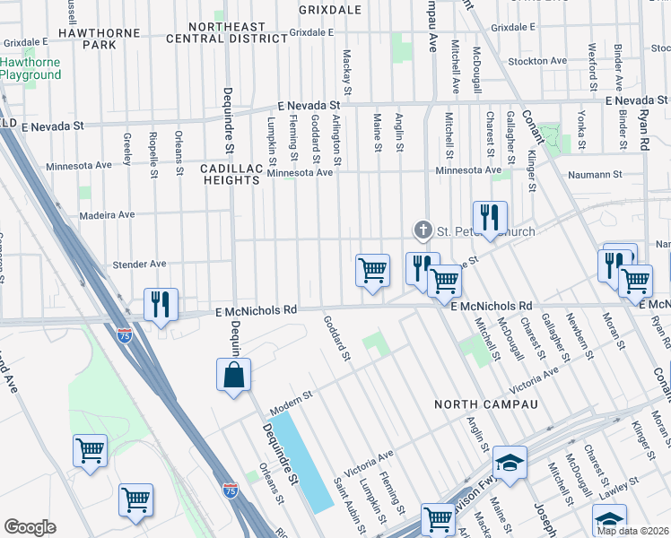map of restaurants, bars, coffee shops, grocery stores, and more near 17195 Arlington Street in Detroit