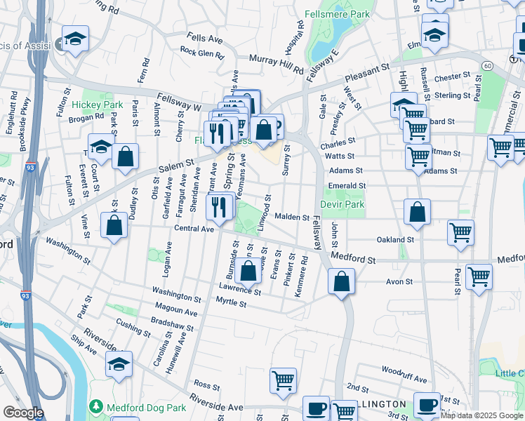 map of restaurants, bars, coffee shops, grocery stores, and more near 44 Linwood Street in Medford