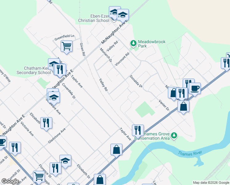 map of restaurants, bars, coffee shops, grocery stores, and more near 224 Valley Road in Chatham