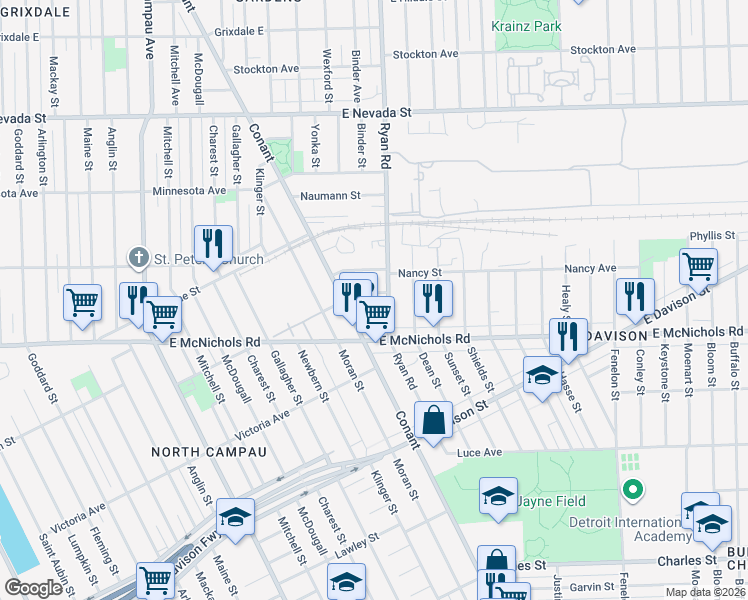 map of restaurants, bars, coffee shops, grocery stores, and more near 17193 Ryan Road in Hamtramck