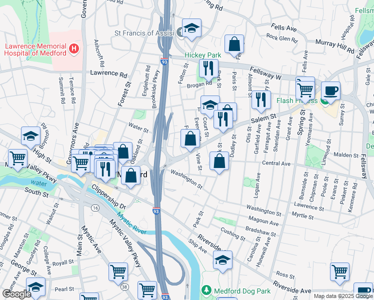map of restaurants, bars, coffee shops, grocery stores, and more near 210 Salem Street in Medford