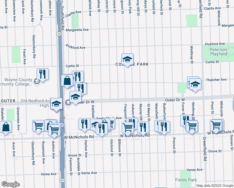 map of restaurants, bars, coffee shops, grocery stores, and more near 17529 Biltmore Street in Detroit
