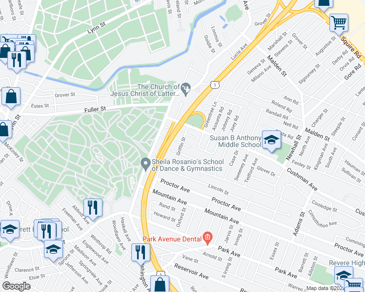 map of restaurants, bars, coffee shops, grocery stores, and more near 61 Cushing Avenue in Revere