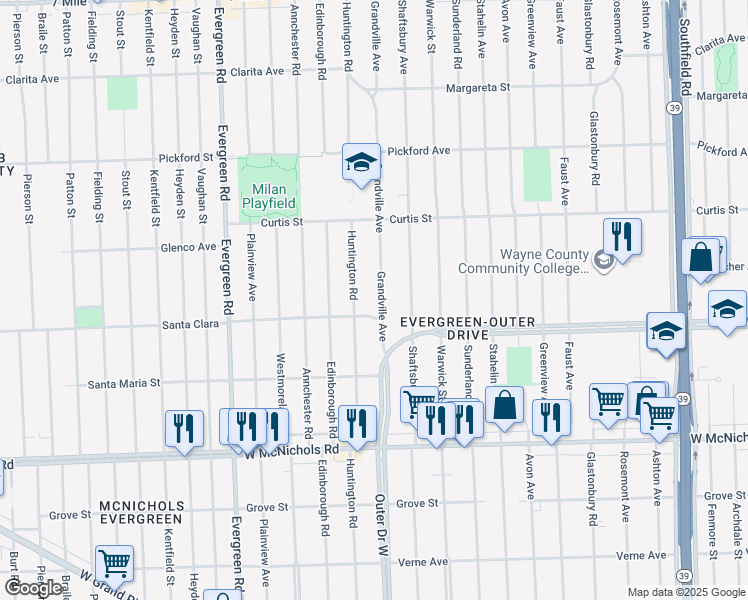 map of restaurants, bars, coffee shops, grocery stores, and more near 17541 Grandville Avenue in Detroit