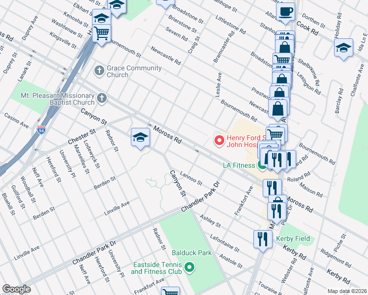 map of restaurants, bars, coffee shops, grocery stores, and more near 21772 Moross Road in Grosse Pointe