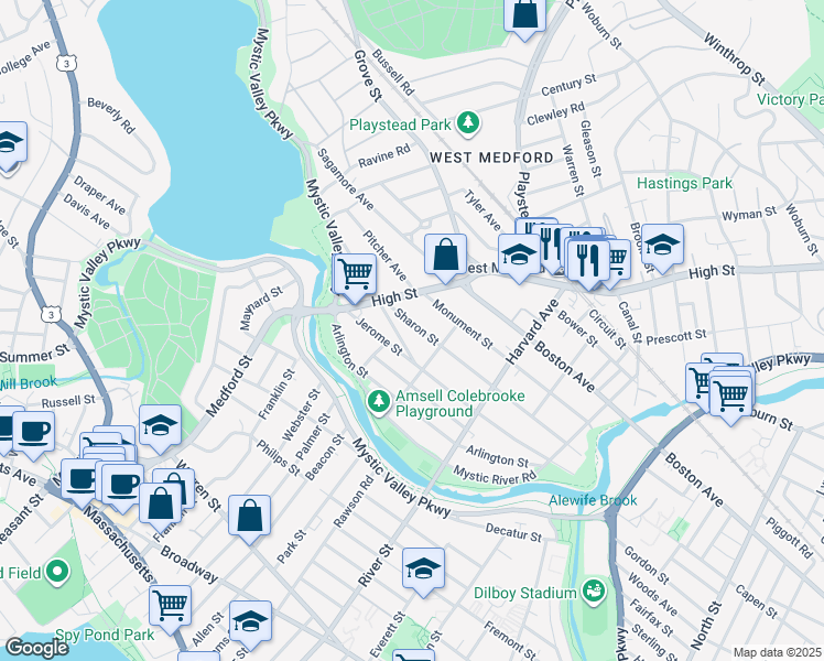 map of restaurants, bars, coffee shops, grocery stores, and more near 25 Sharon Street in Medford