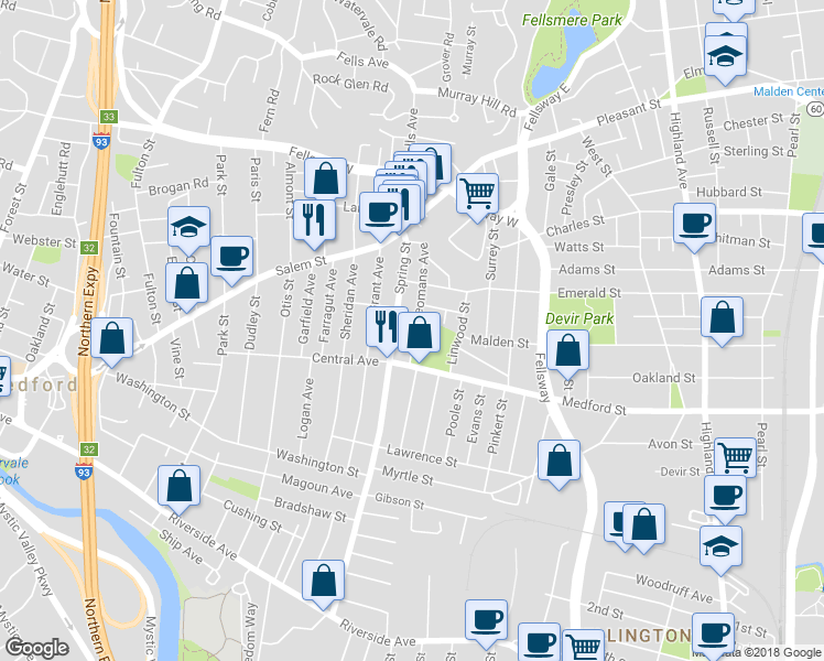 map of restaurants, bars, coffee shops, grocery stores, and more near 34 Yeomans Avenue in Medford