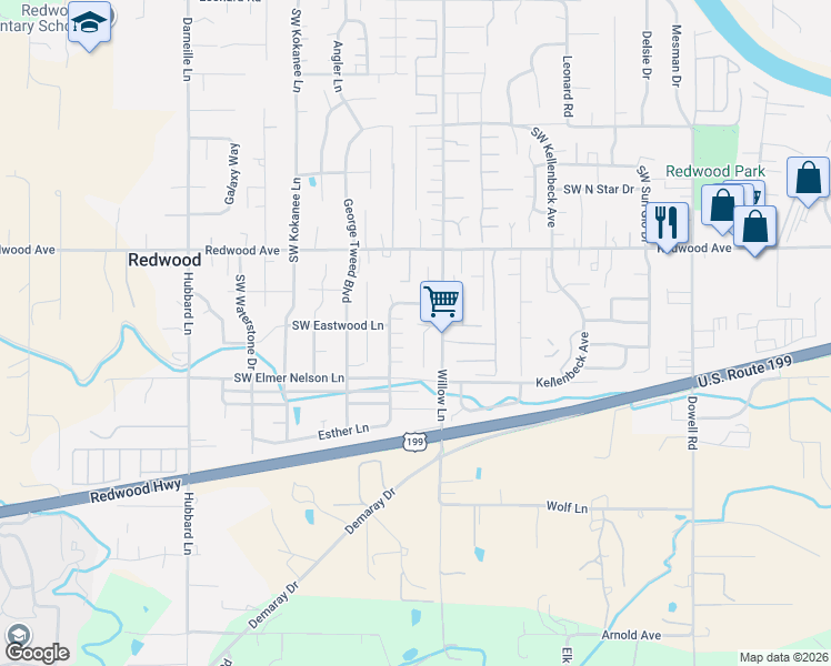 map of restaurants, bars, coffee shops, grocery stores, and more near 2679 Esther Lane in Grants Pass