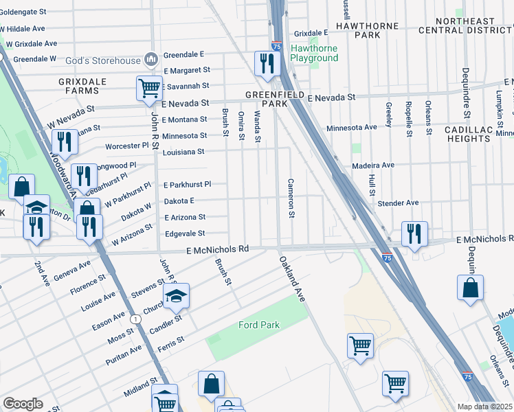 map of restaurants, bars, coffee shops, grocery stores, and more near 17235 Wanda Street in Highland Park