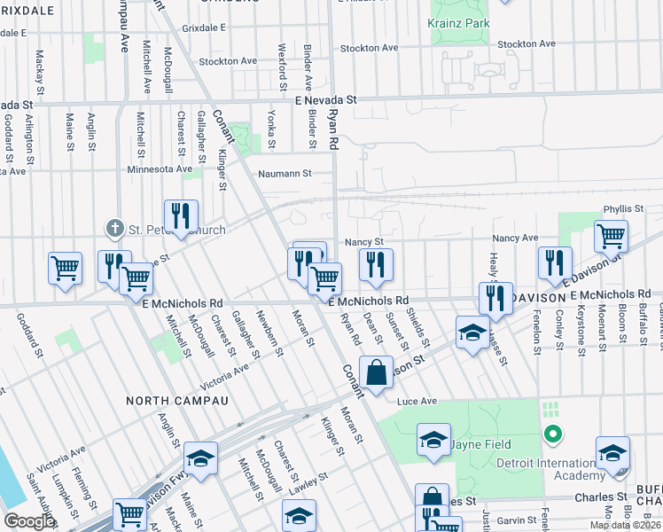 map of restaurants, bars, coffee shops, grocery stores, and more near 17193 Ryan Road in Hamtramck