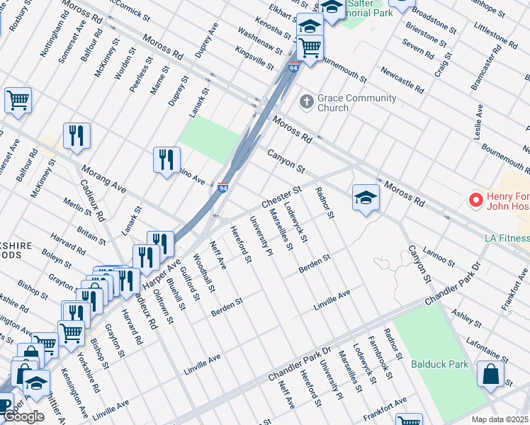 map of restaurants, bars, coffee shops, grocery stores, and more near 17736 Chester Street in Detroit