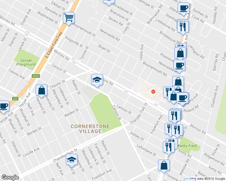 map of restaurants, bars, coffee shops, grocery stores, and more near 6024 Hillcrest Street in Grosse Pointe