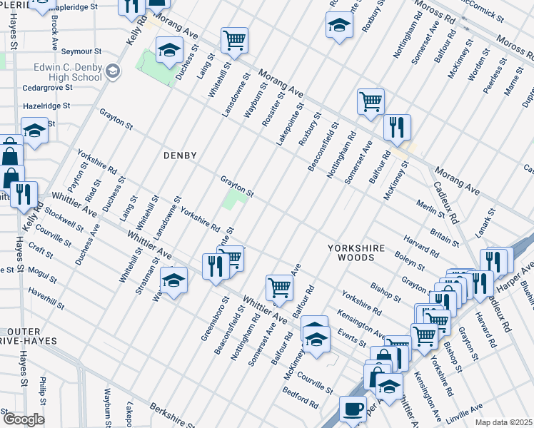 map of restaurants, bars, coffee shops, grocery stores, and more near 11012 Roxbury Street in Detroit