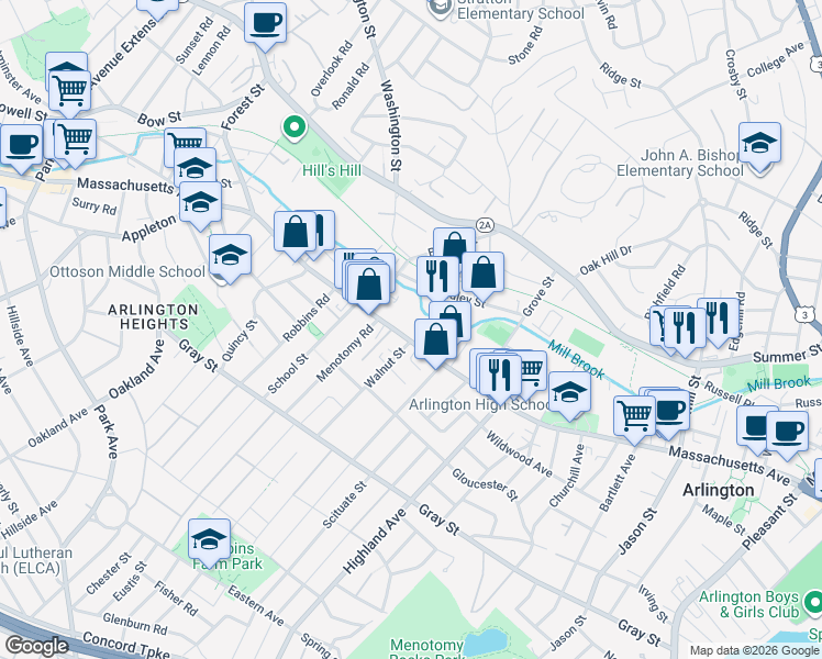 map of restaurants, bars, coffee shops, grocery stores, and more near 1007 Massachusetts Avenue in Arlington