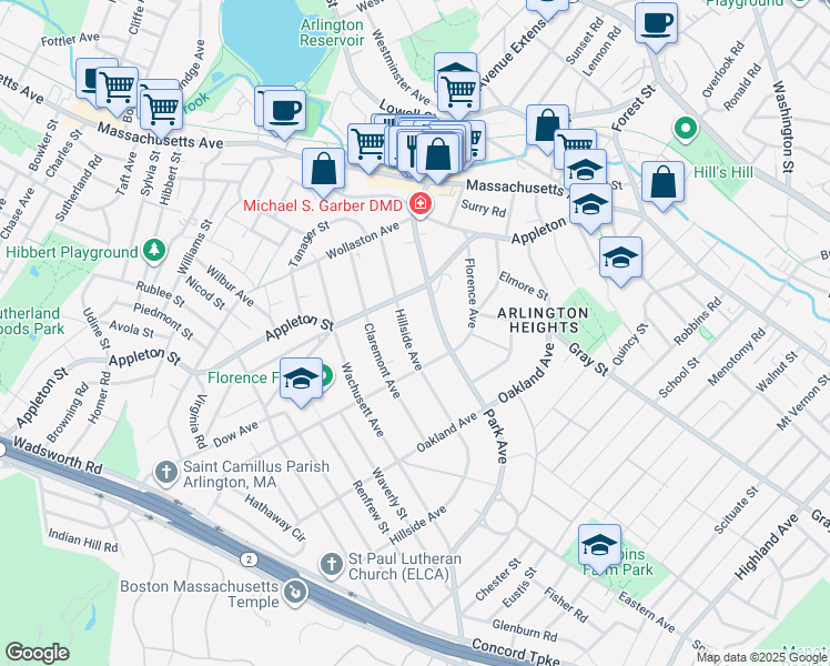 map of restaurants, bars, coffee shops, grocery stores, and more near 67 Hillside Avenue in Arlington