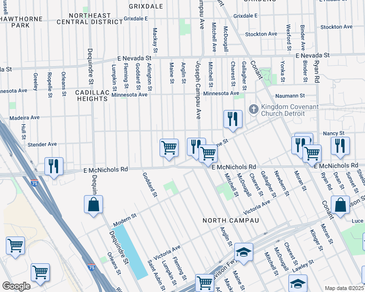 map of restaurants, bars, coffee shops, grocery stores, and more near 17193 Anglin St in Detroit