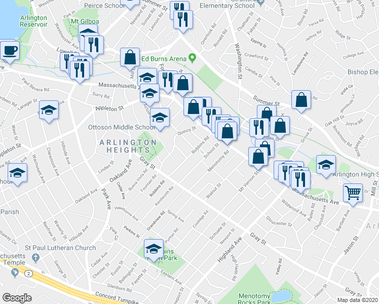 map of restaurants, bars, coffee shops, grocery stores, and more near 33 Robbins Road in Arlington