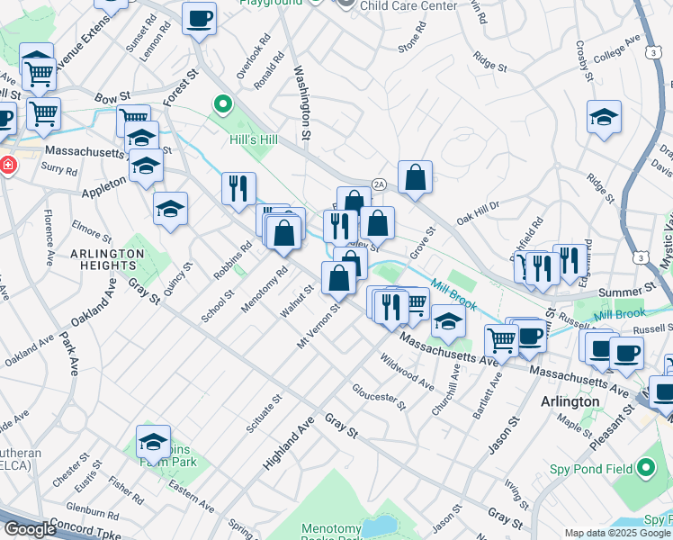 map of restaurants, bars, coffee shops, grocery stores, and more near 993 Massachusetts Avenue in Arlington