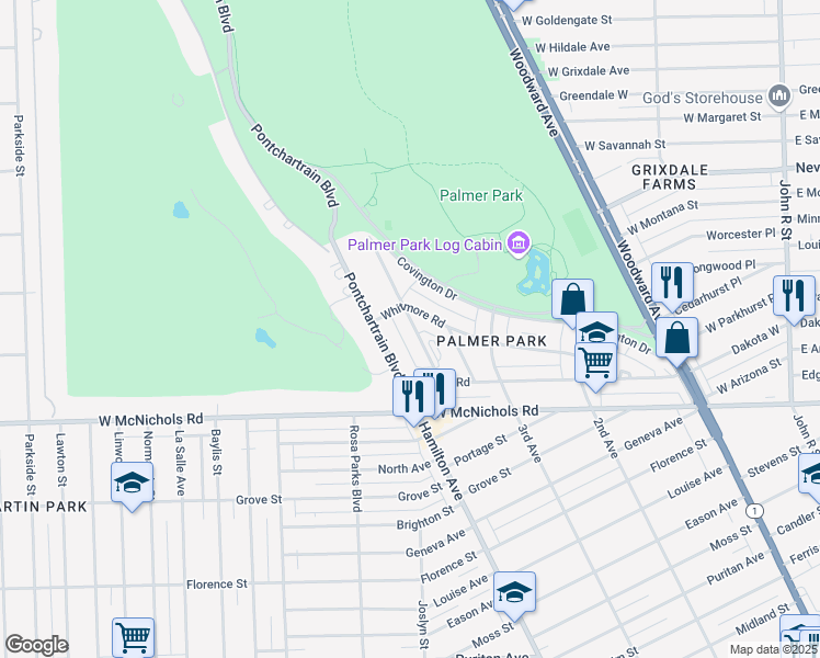 map of restaurants, bars, coffee shops, grocery stores, and more near 17523 Manderson Road in Detroit