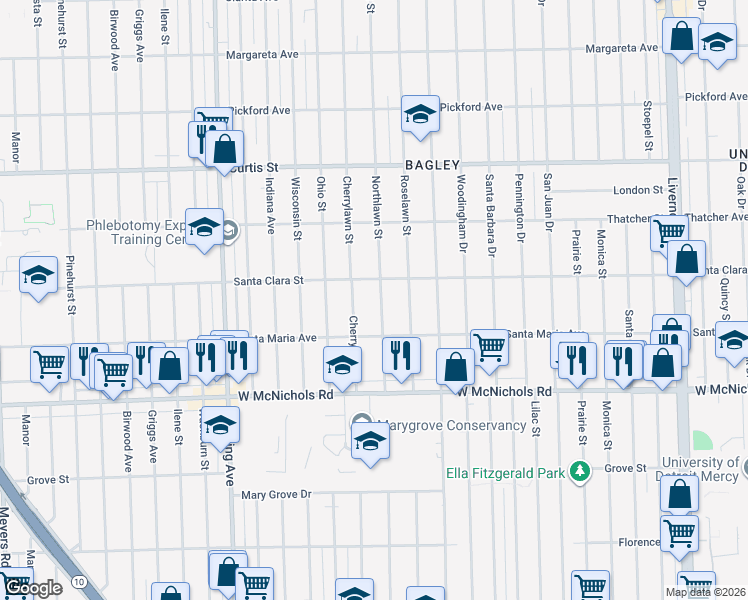 map of restaurants, bars, coffee shops, grocery stores, and more near 17377 Northlawn Street in Detroit