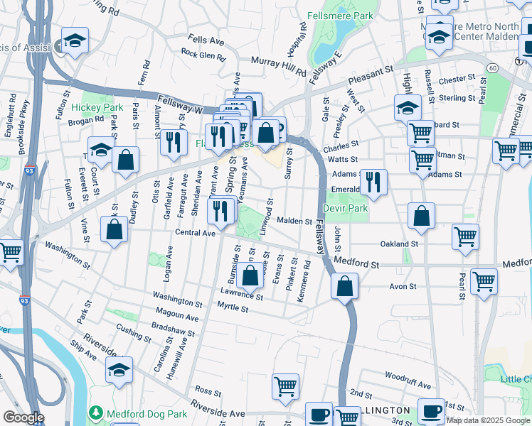 map of restaurants, bars, coffee shops, grocery stores, and more near 44 Linwood Street in Medford