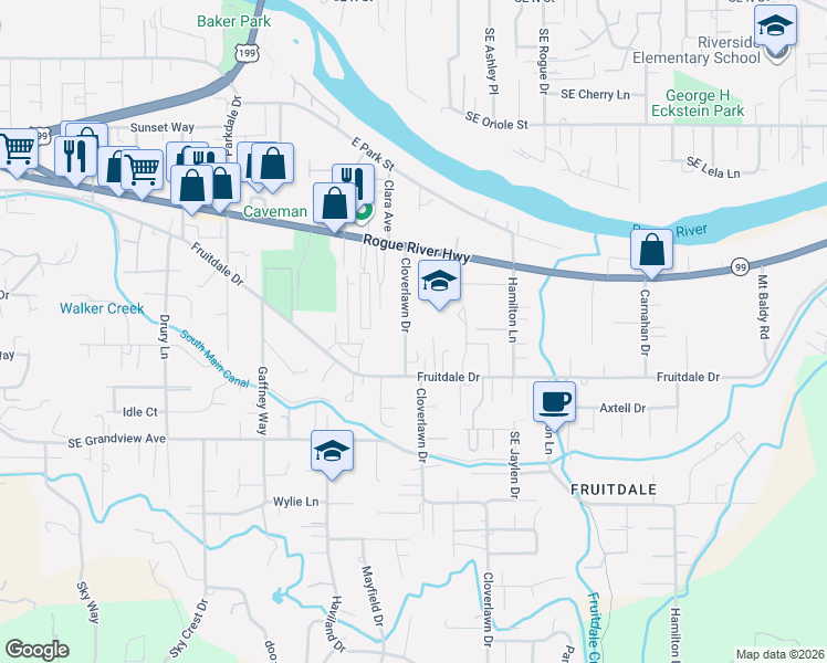 map of restaurants, bars, coffee shops, grocery stores, and more near 1560 Bill Baker Way in Grants Pass