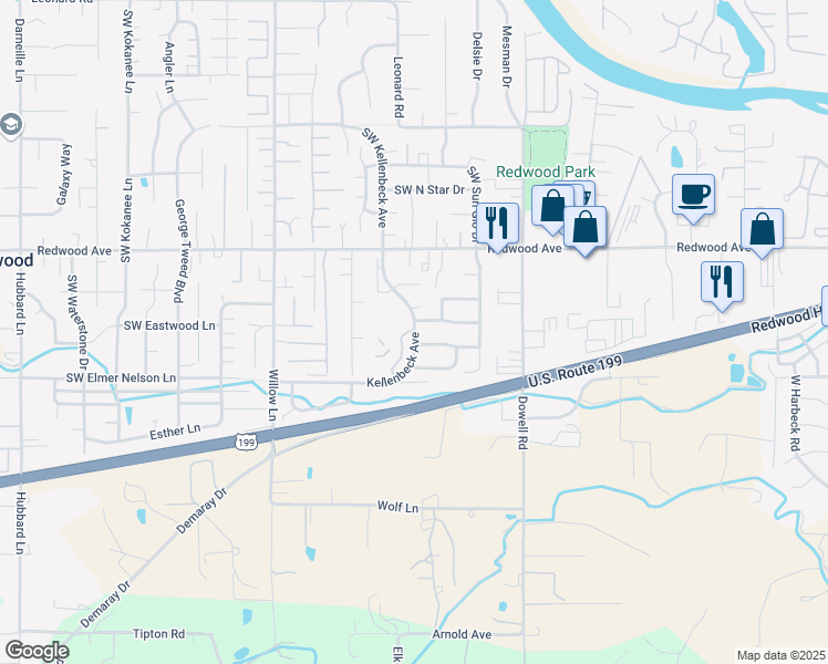 map of restaurants, bars, coffee shops, grocery stores, and more near 2176 Southwest Nick Way in Grants Pass