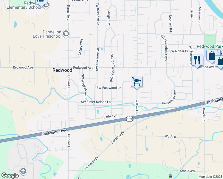 map of restaurants, bars, coffee shops, grocery stores, and more near 1670 Nunnwood Lane in Grants Pass