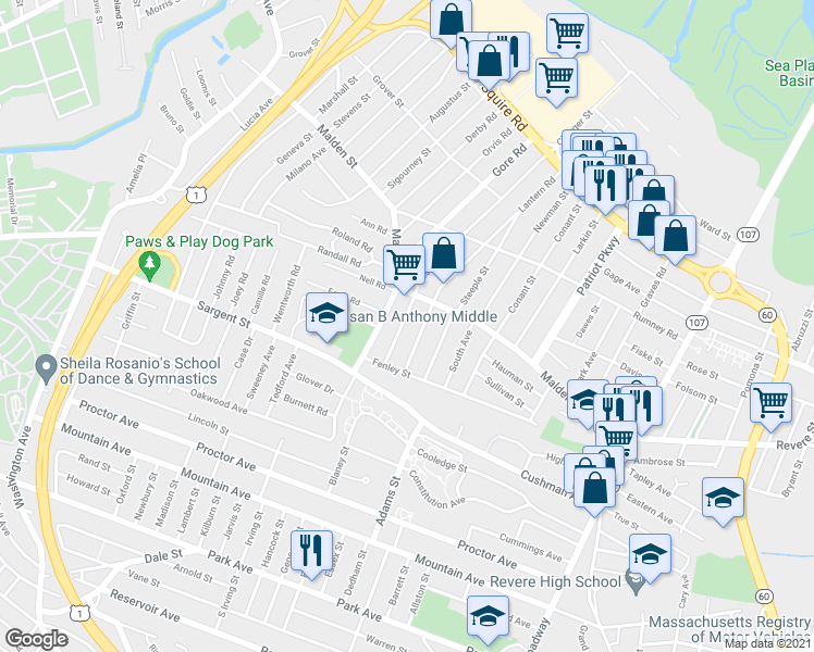 map of restaurants, bars, coffee shops, grocery stores, and more near 37 Revere Street in Revere