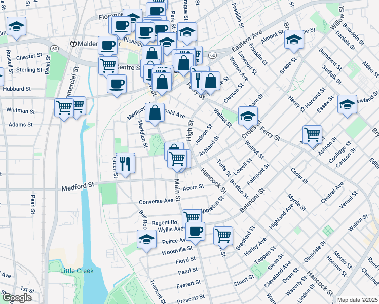 map of restaurants, bars, coffee shops, grocery stores, and more near 108 High Street in Malden