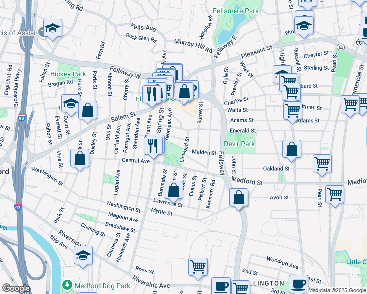 map of restaurants, bars, coffee shops, grocery stores, and more near 44 Linwood Street in Medford