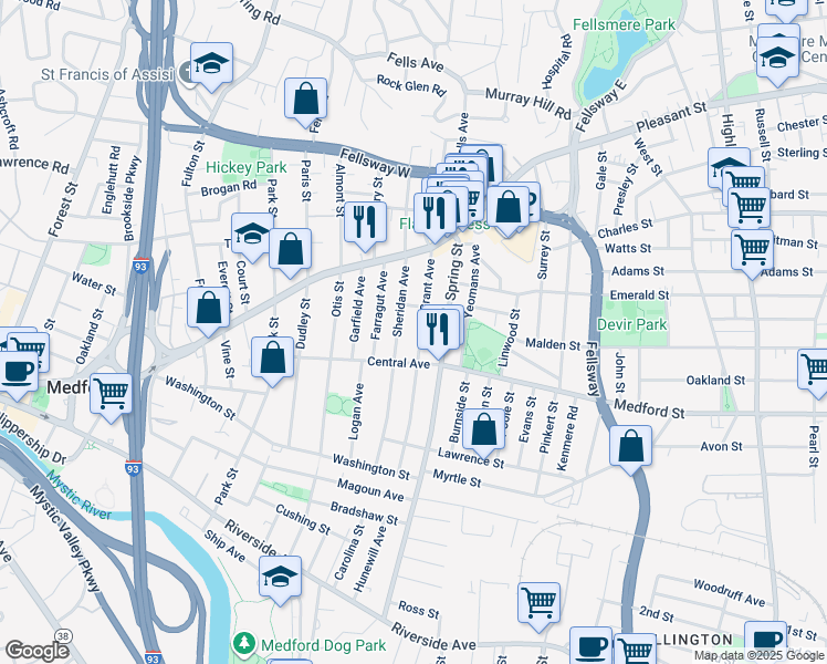 map of restaurants, bars, coffee shops, grocery stores, and more near 95 Grant Avenue in Medford