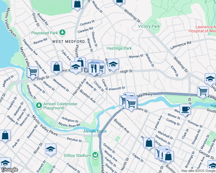 map of restaurants, bars, coffee shops, grocery stores, and more near 24 Canal Street in Medford