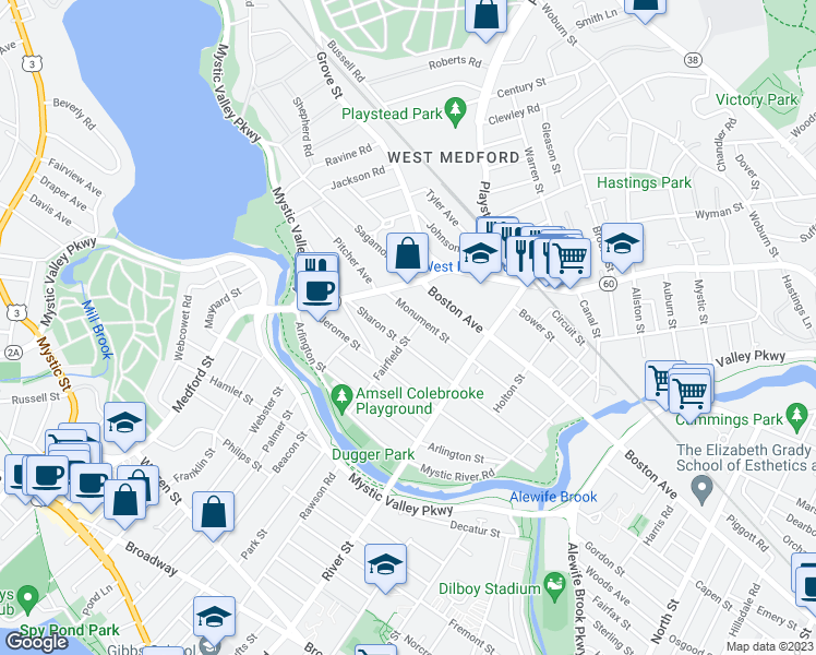 map of restaurants, bars, coffee shops, grocery stores, and more near 7 Fairfield Street in Medford