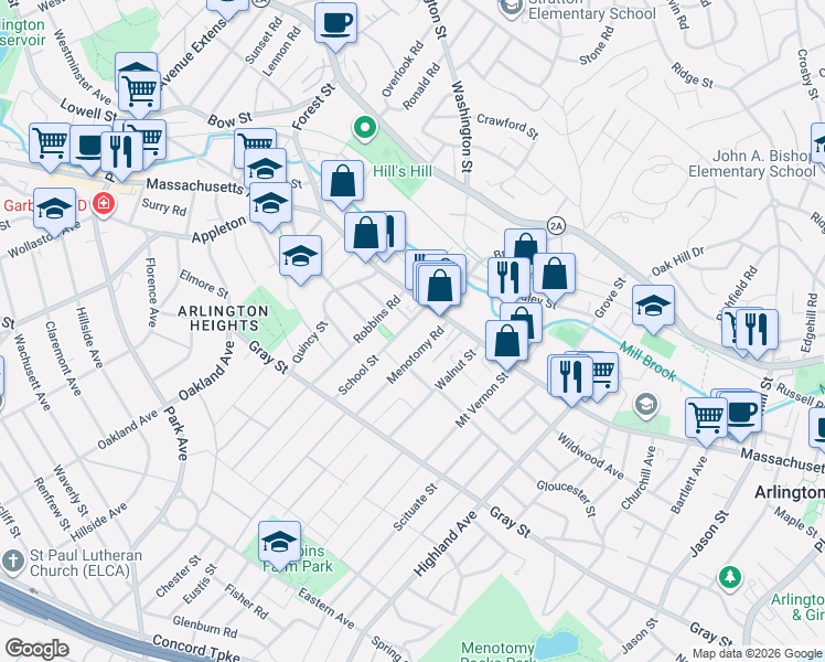 map of restaurants, bars, coffee shops, grocery stores, and more near 15 Menotomy Road in Arlington