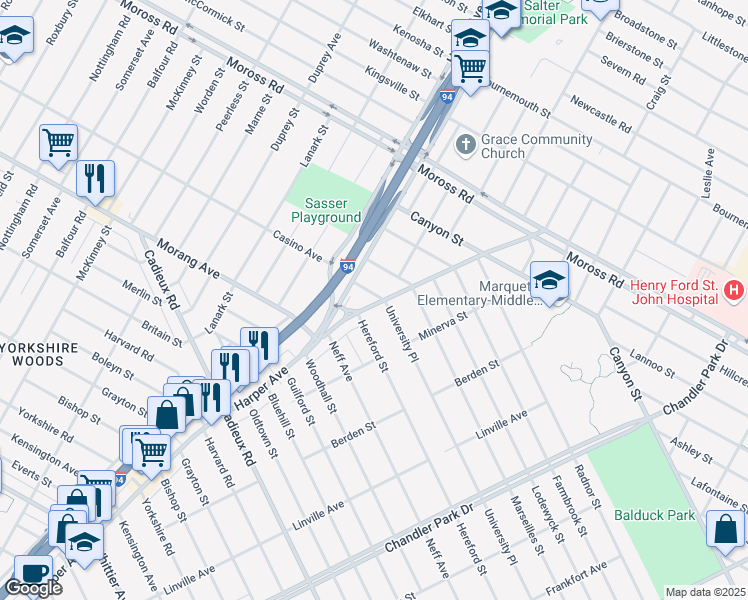 map of restaurants, bars, coffee shops, grocery stores, and more near 17635 Chester Street in Detroit