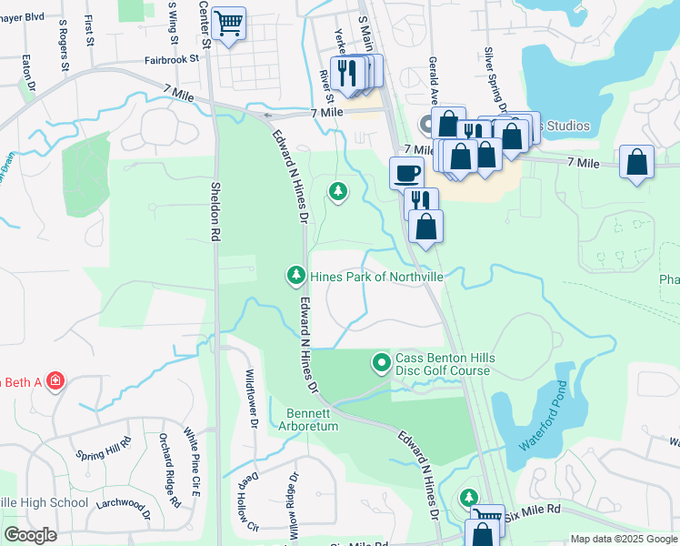 map of restaurants, bars, coffee shops, grocery stores, and more near 18696 Jamestown Circle in Northville