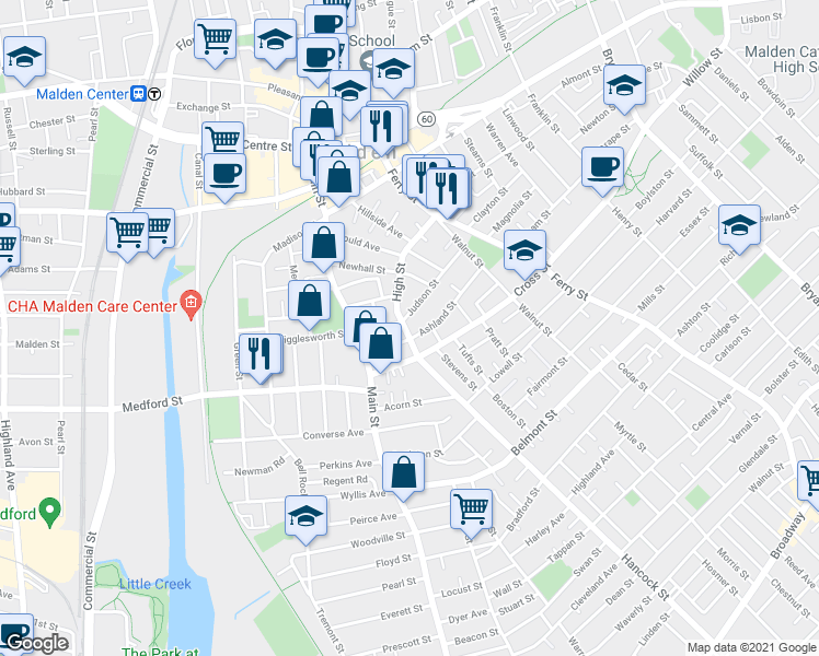 map of restaurants, bars, coffee shops, grocery stores, and more near 108 High Street in Malden