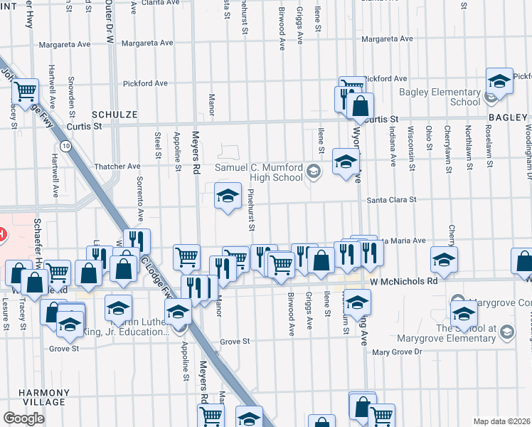 map of restaurants, bars, coffee shops, grocery stores, and more near 17399 Mendota Street in Detroit