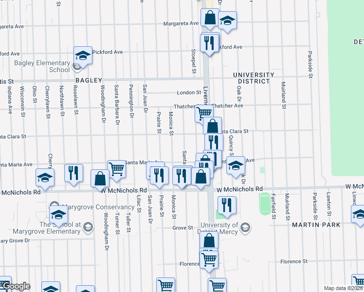 map of restaurants, bars, coffee shops, grocery stores, and more near 17375 Santa Rosa Dr in Detroit