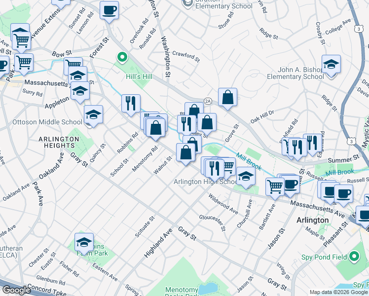 map of restaurants, bars, coffee shops, grocery stores, and more near 993 Massachusetts Avenue in Arlington