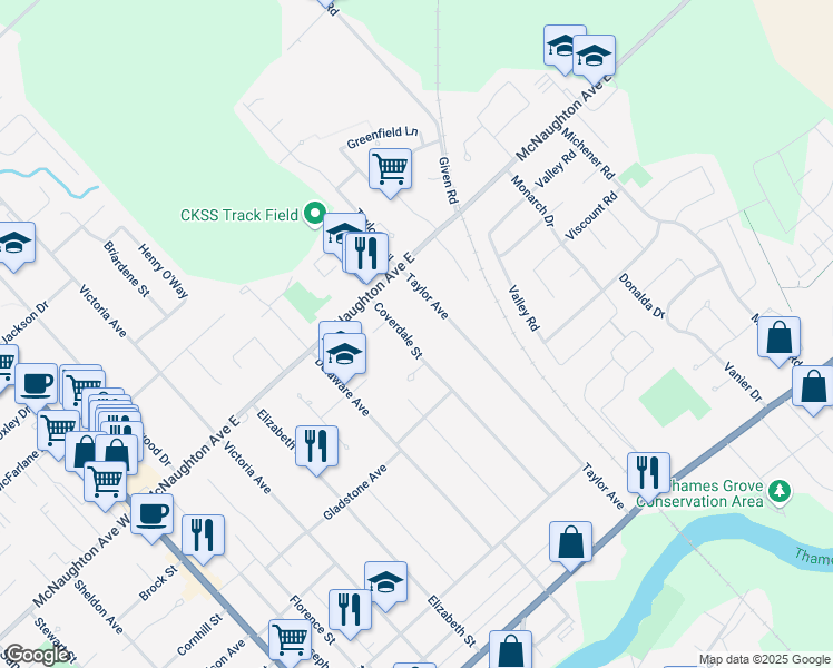 map of restaurants, bars, coffee shops, grocery stores, and more near 167 Coverdale Street in Chatham