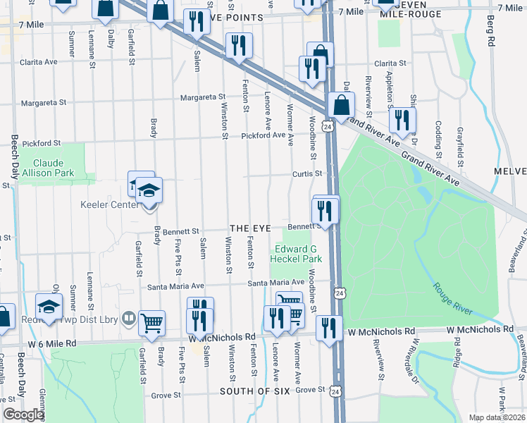 map of restaurants, bars, coffee shops, grocery stores, and more near 17647 Lenore Avenue in Detroit